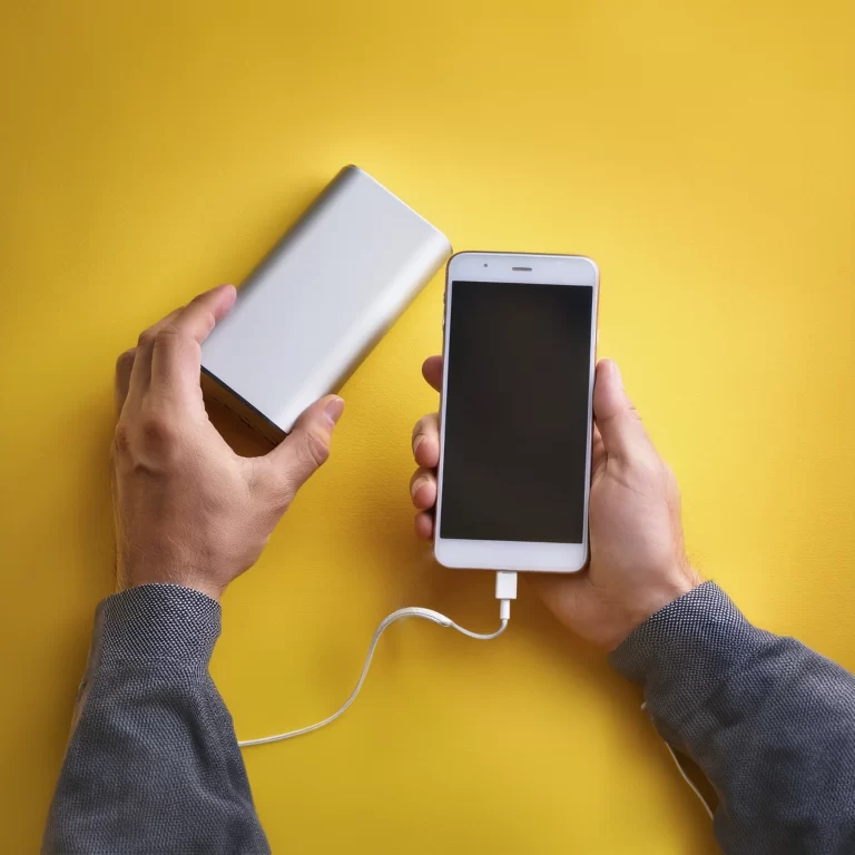 fotografía de power bank cargando un celular en formato cuadrado