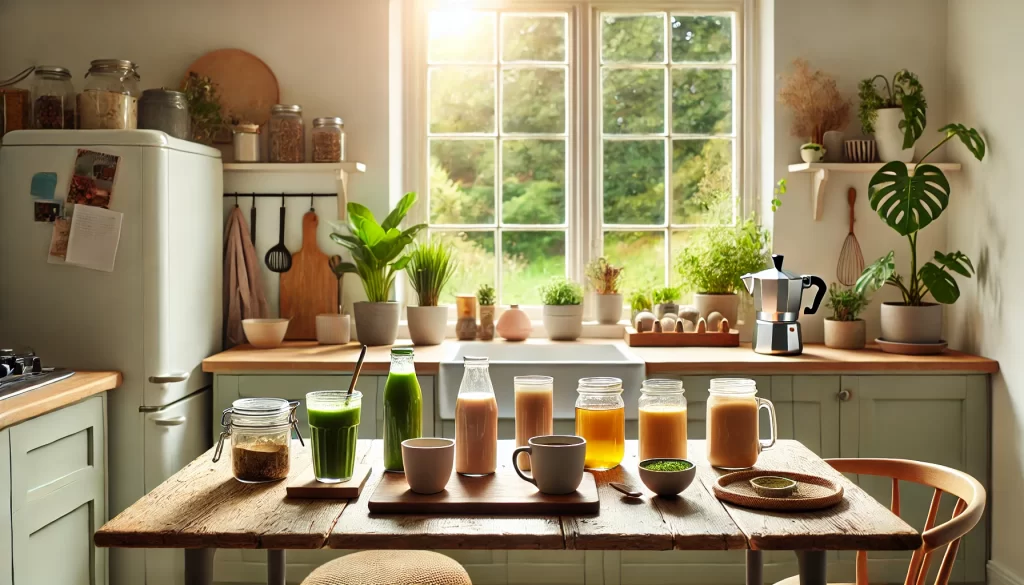 mesa de cocina con bebidas de diferentes tipos
