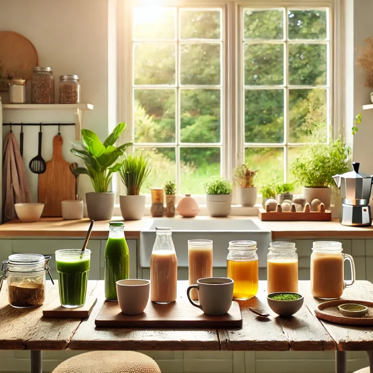 mesa de cocina con bebidas de diferentes tipos